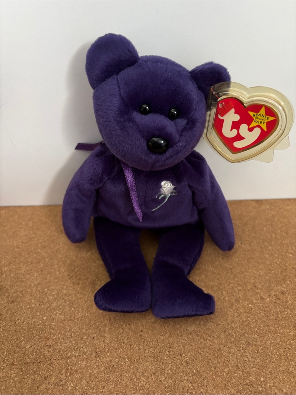 Ty Purple Beanie Baby Bear with Silver Rose Embroidery 9” Princess
